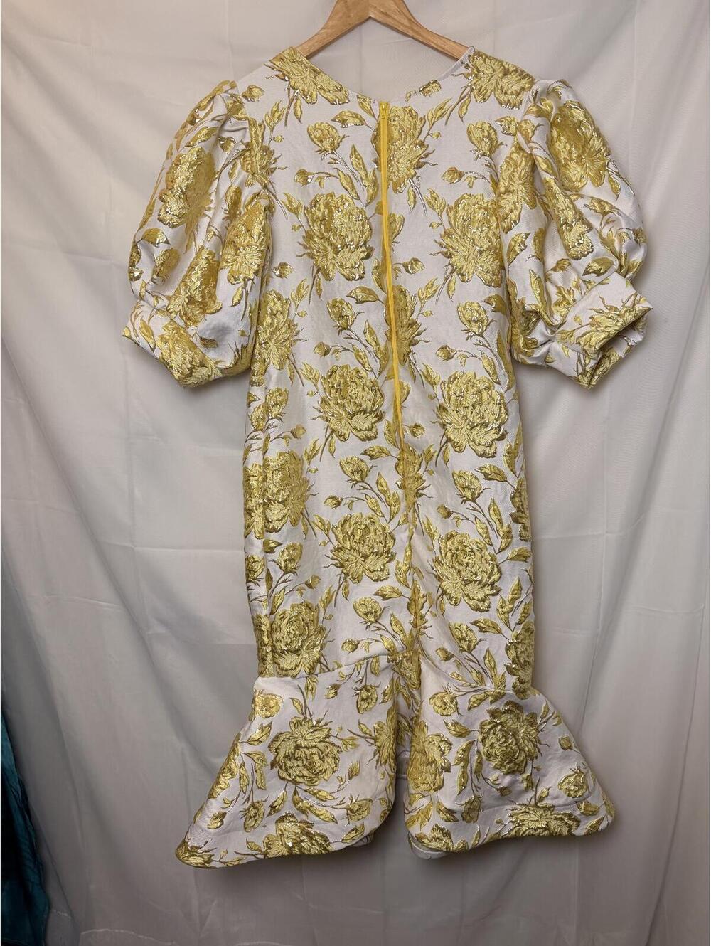 Vintage 1980s Metallic Gold Floral Brocade Puff Sleeve Dress with Flounce Hem - Picture 6 of 9